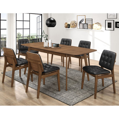 Rectangular 7 Dining Ensemble, Natural Walnut Finish Tabletop With Tapered Legs And Reverse Beveled Edge, Black Solid Back Upholstered Chairs, Butterf