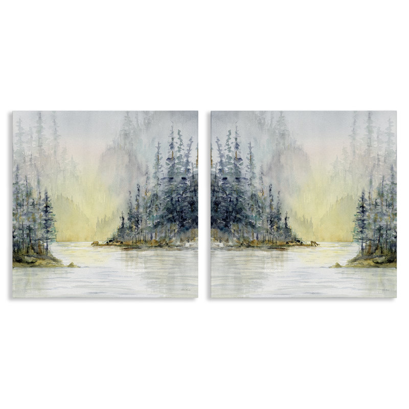 "Distant Deer Bear Pine Trees", ensemble de 2 toiles d'art par Paul Brent, H 17 po x l 17 po