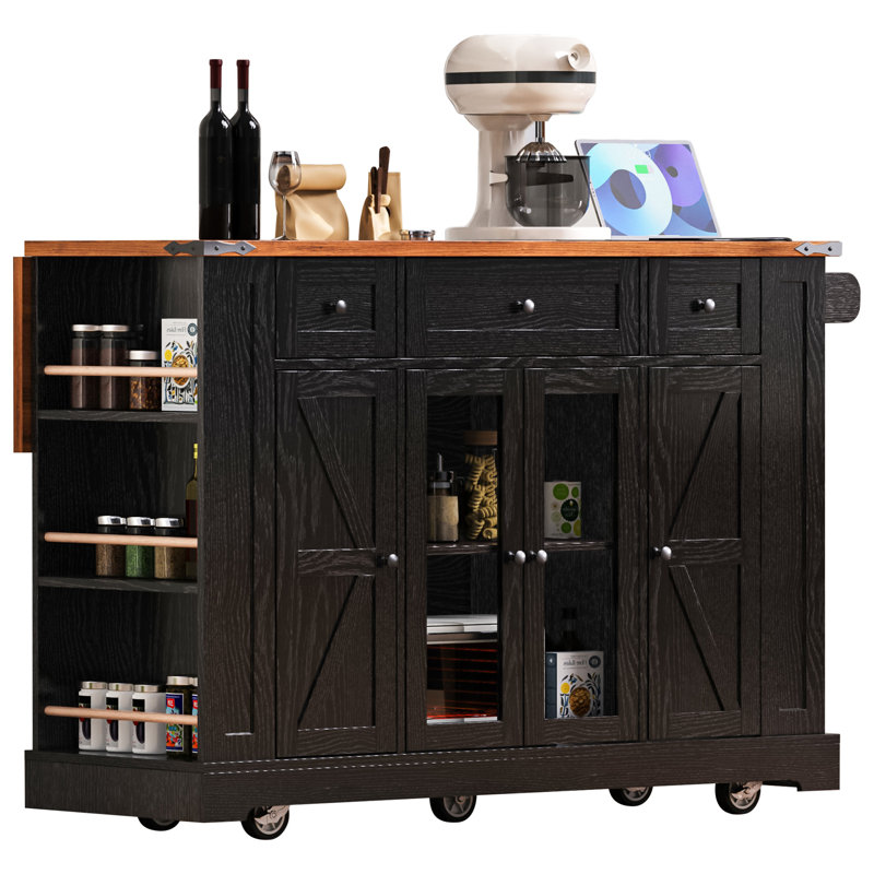 53" Farmhouse Kitchen Island With Two Tempered Glass Cabinet Doors, Black