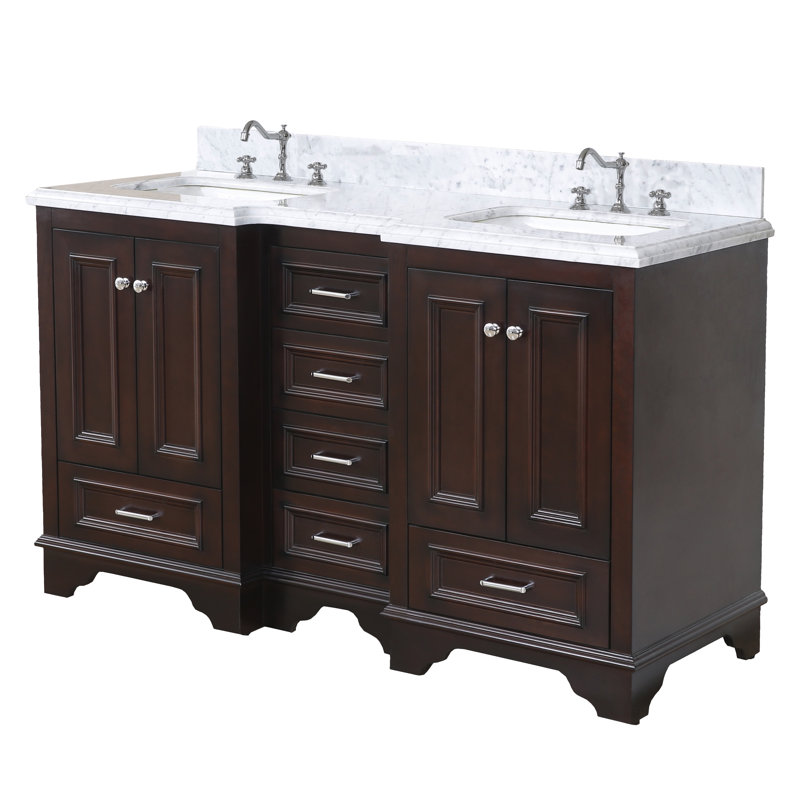 Ensemble de meuble-lavabo double 60 po Loughlam, Chocolat, Marbre de Carrare
