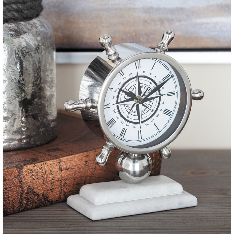 Coastal Analogue Tabletop Clock in Silver, 8" H x 9" W x 3" D