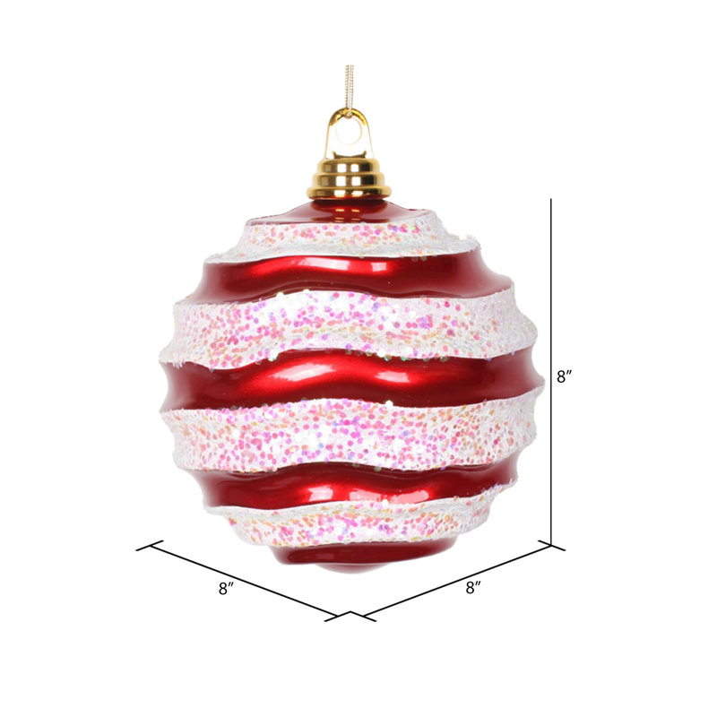 Ornement de Noël boule rayée et scintillante, H 8 po x l 8 po x P 8 po, Rouge / Blanc