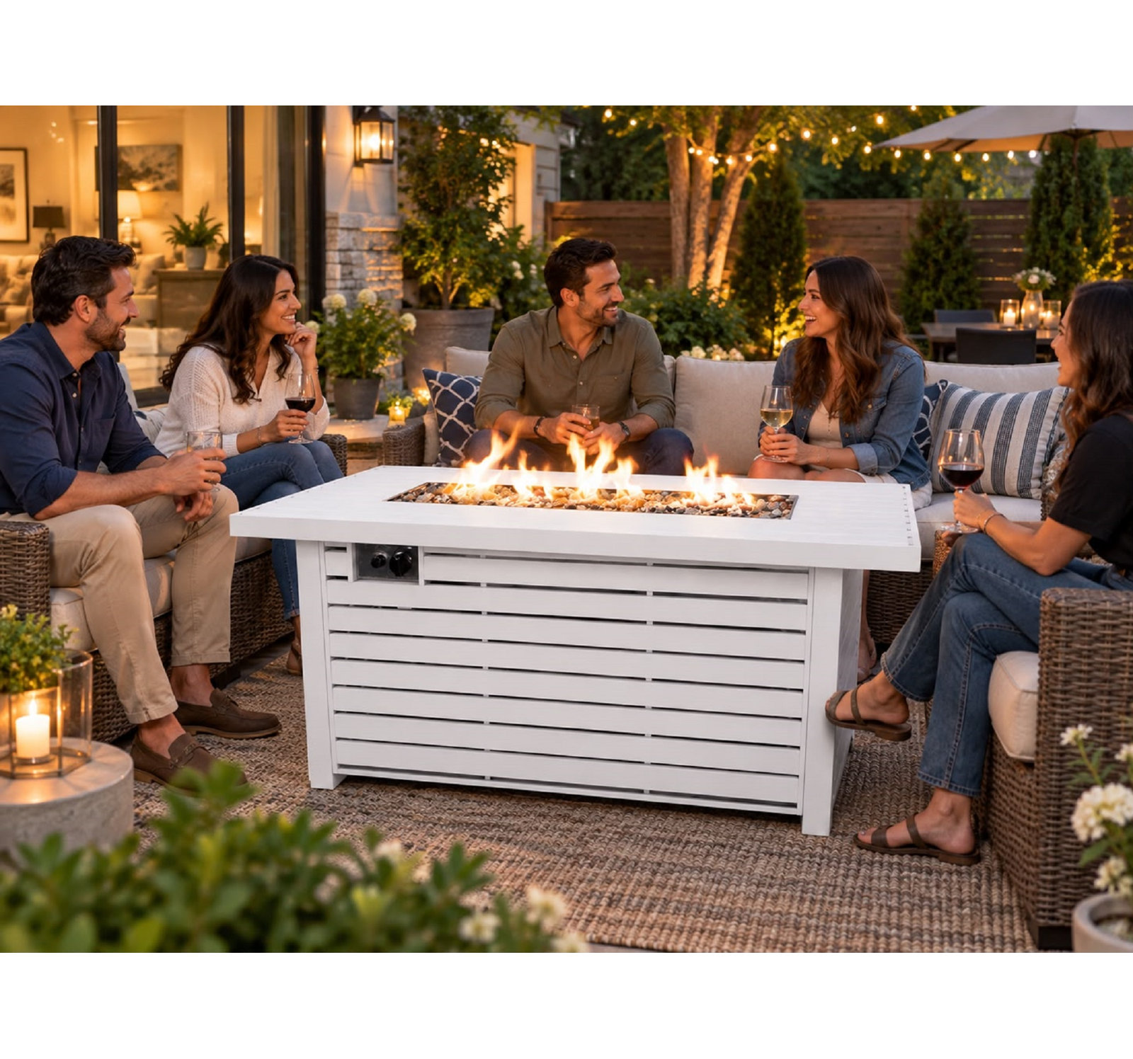 Casselton Rectangle Fire Pit Table, 25" H x 54" W x 22" D, White