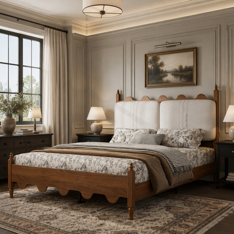Cadre de lit plateforme en bois au design festonné vintage avec tête de lit rembourrée, Queen