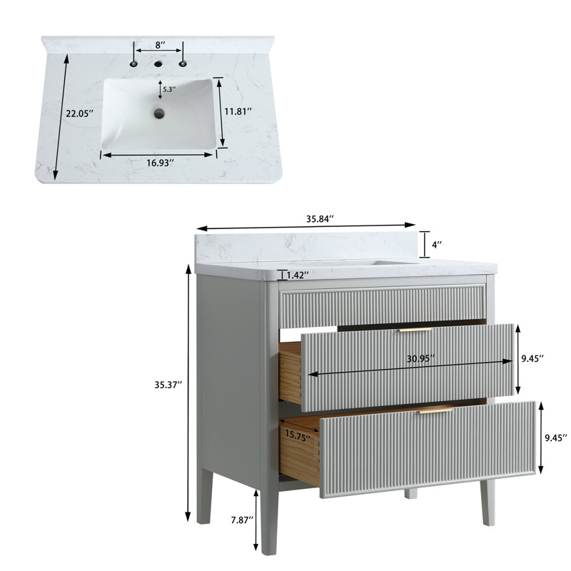 Meuble-lavabo sur pied de 36 po avec 2 ensembles de poignées et plateau en marbre de Carrare, Gris, 36"