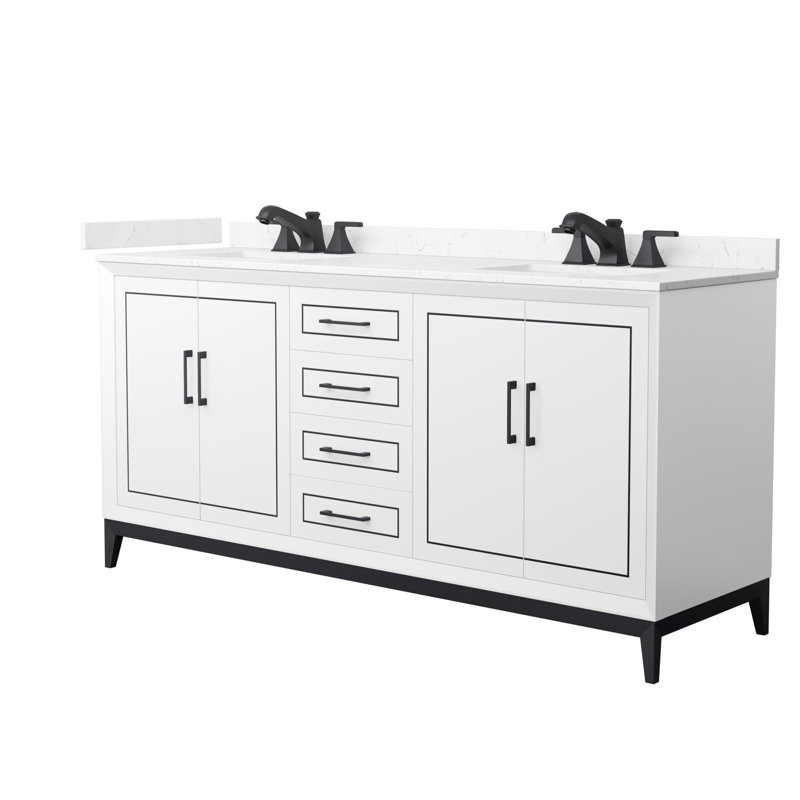 Marlena 72" Freestanding Double Bathroom Vanity with Cultured Marble Top, White, Matte Black