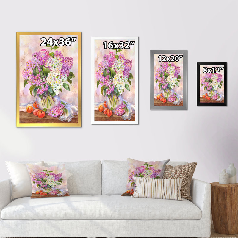 Nature morte avec bouquet de lilas pastel - ferme, art mural sur toile, H 20 po x l 12 po x P 1 po, Cadre photo noir