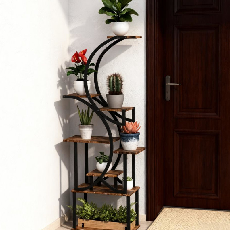 Support à plantes à 8 niveaux avec design en forme de S, combinaison d'acier, convient aux coins, polyvalent pour les articles de décoration