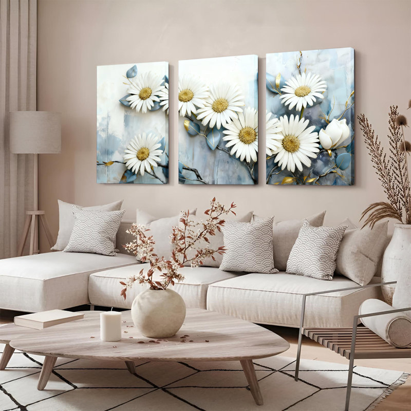 Tableau abstrait à motif floral de marguerites sur toile tendue (lot de 3), 24" H x 48" W