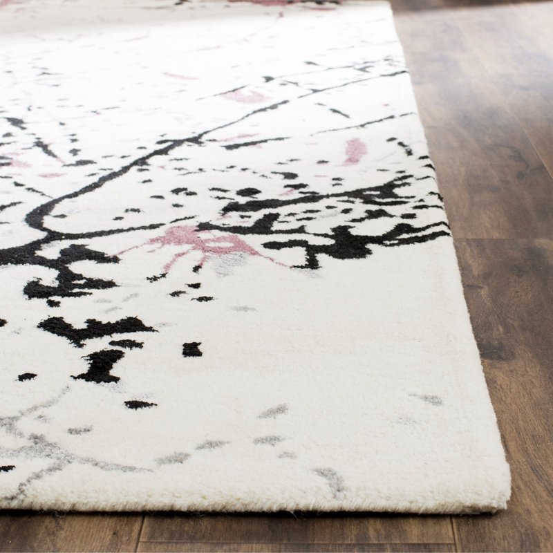 Tapis abstrait en laine / coton / viscose touffeté à la main Amier en ivoire / rouge / noir, Rectangle 7 pi 6 po x 9 pi 6 po