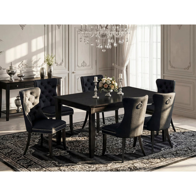 7 Piece Dinette Set Includes a Rectangle Dining Table and 6 Polyester Fabric Upholstered Parson Chairs, Black
