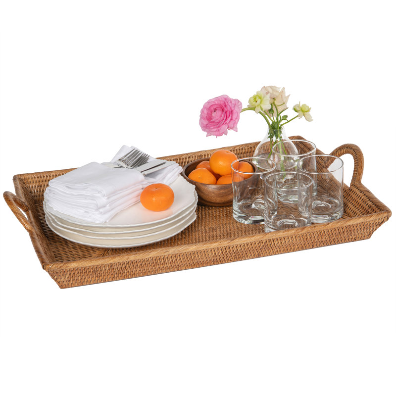 Brown Handwoven Rattan Decorative Serving Tray with Ear Handles