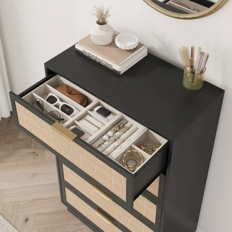 Commode 5 tiroirs en rotin, commode haute avec poignées en métal et base en bois massif, rangement pour la chambre à coucher, le salon
