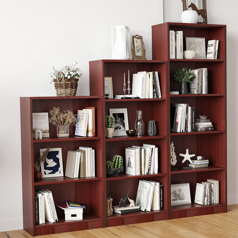 Bibliothèque autoportante à 3 tablettes en bois réglables pour bureau à domicile, 3 couches, acajou