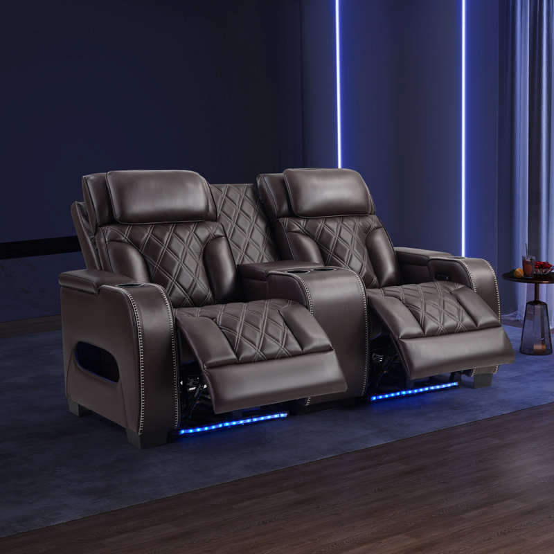 73" Wide Top Leather Power Reclining Loveseat With Adjustable Headrest And Ambient Arm Lighting, Brown