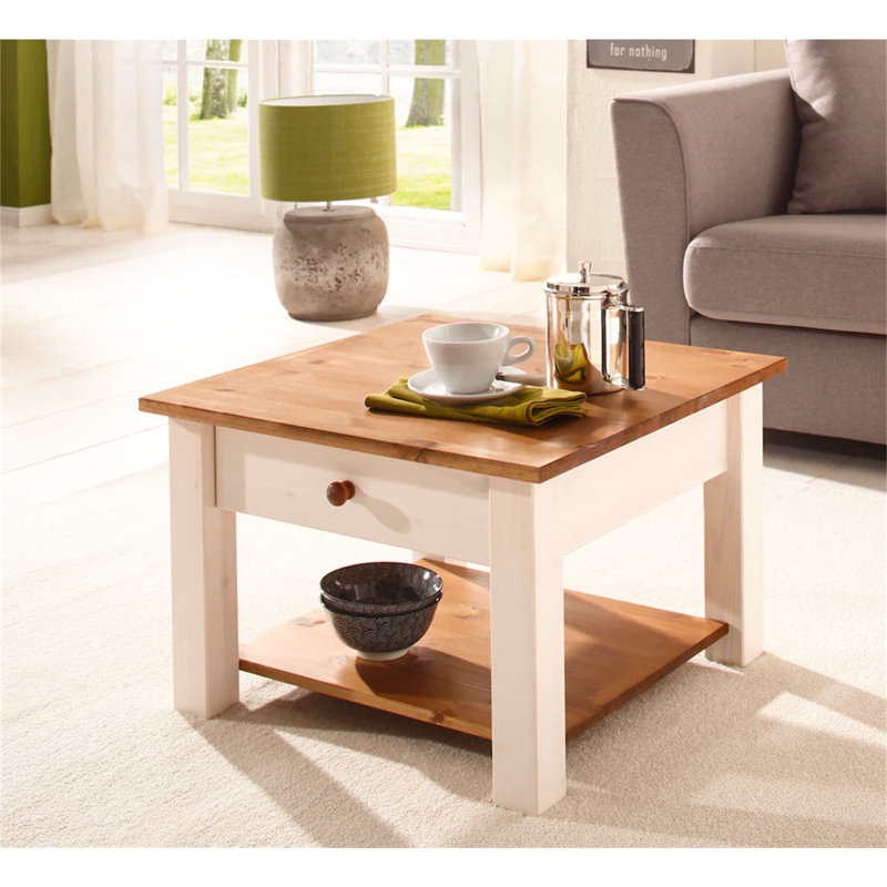 Alaine Solid Wood Four Leg Coffee Table with Storage, White/Honey