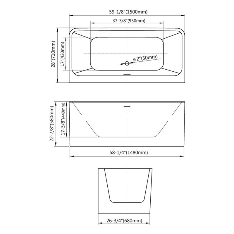 59'' x 28'' Freestanding Soaking Acrylic Bathtub