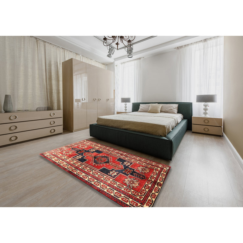 Tapis traditionnel rouge / bleu / beige, Rectangle 5 pi x 7 pi