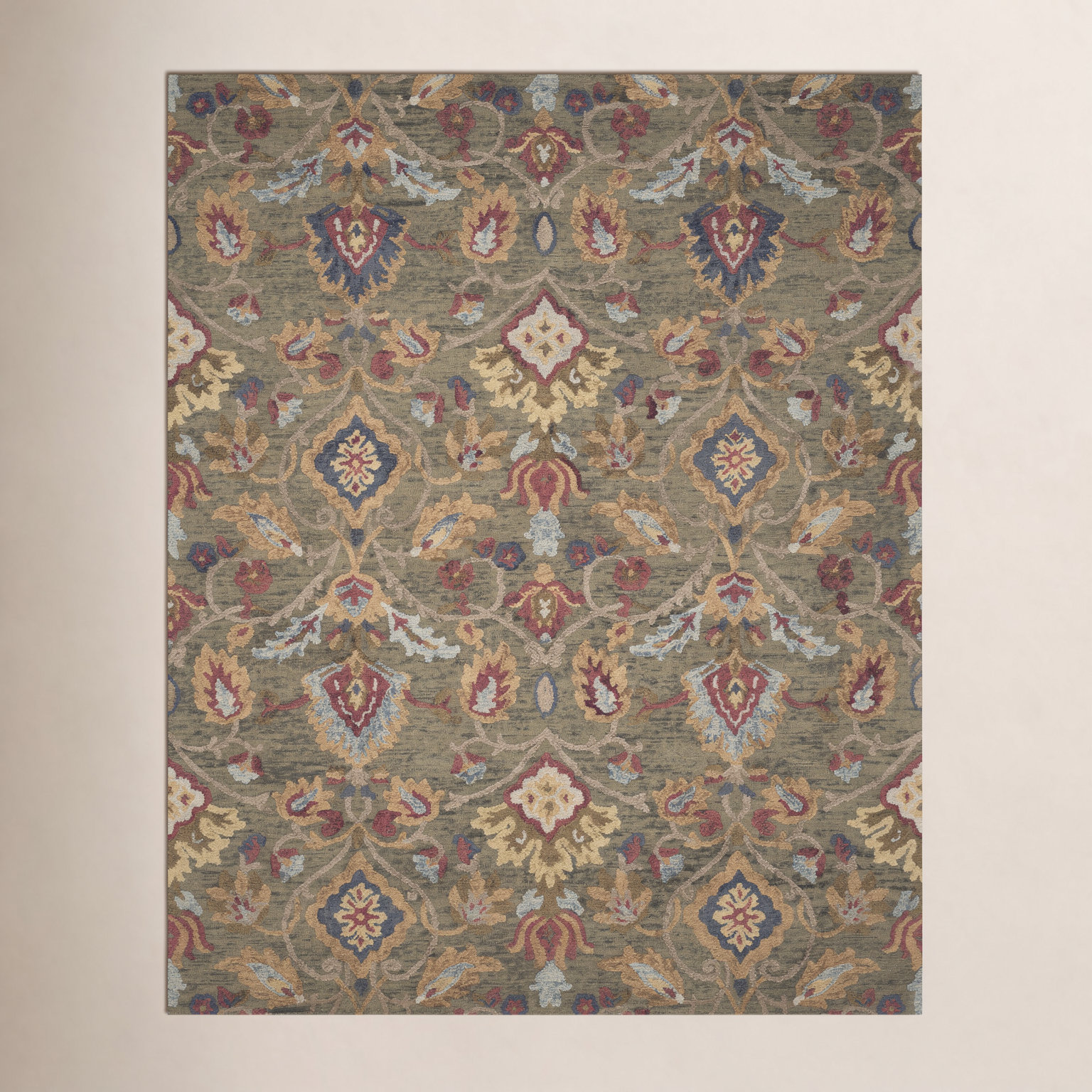 Tansy Green Multi Handmade Wool Floral Rug, Rectangle 9' x 12'