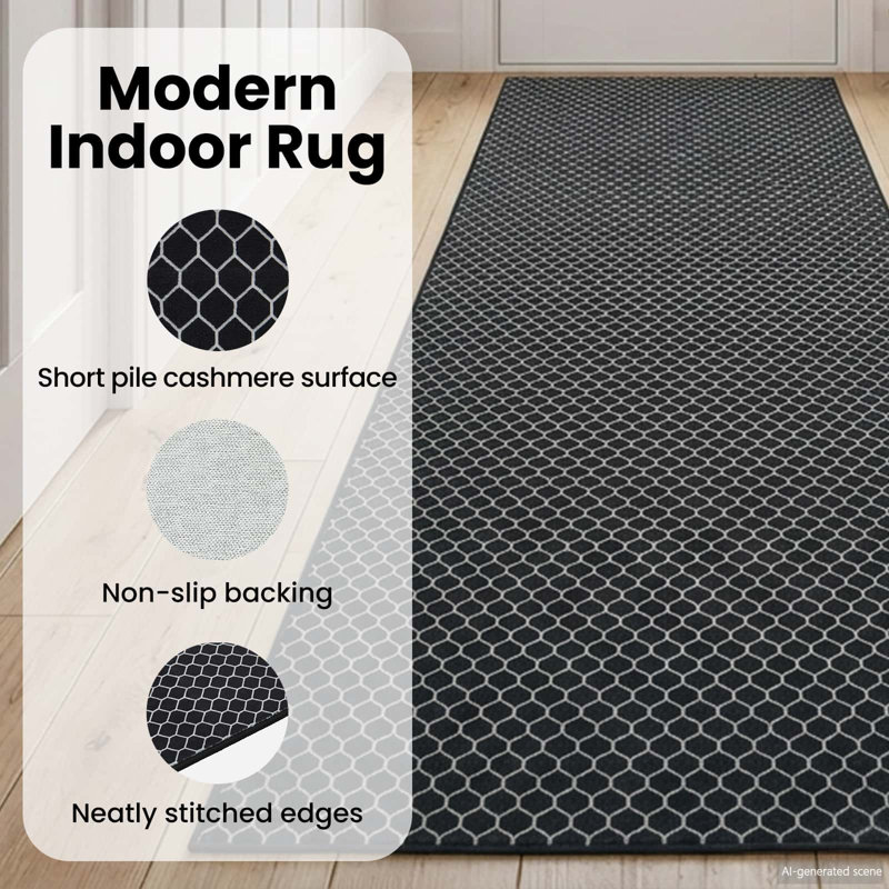 Floral and Geometric Area Rug, Black Mesh Pattern, Runner 50 x 100 cm