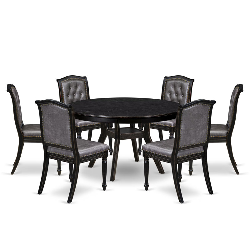 Ensemble de table de salle à manger 7 pièces comprenant une table de cuisine ronde moderne et 6 chaises en polyester gris foncé avec haut dossier et finition noire sablée.