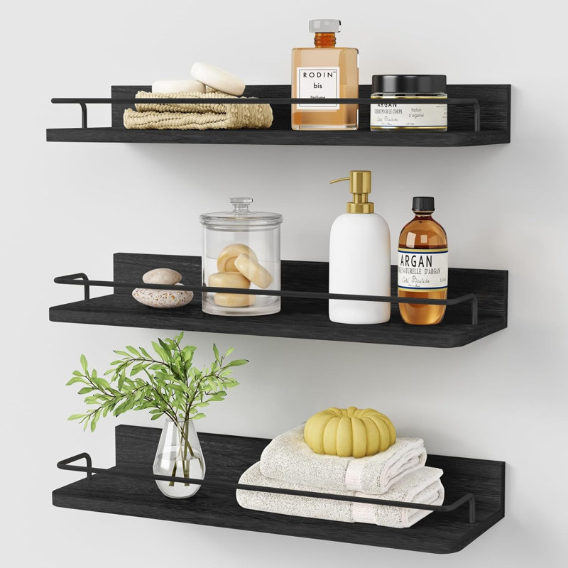 Bathroom Shelves Over Toilet Set Of 3, Modern Wood Corner Wall Shelf For Bedroom Closet, Black