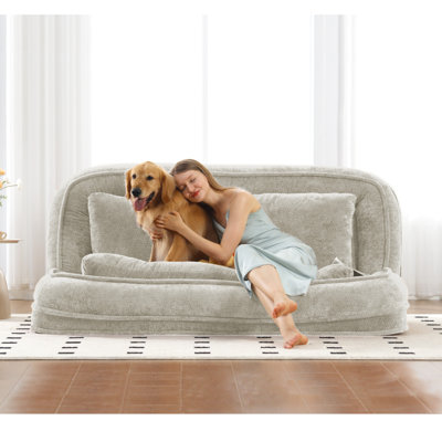 Nouveau lit double pour chien paresseux pour étudier et se détendre Très grand canapé avec 2 sièges Oreiller dodu Chenille Canapé-lit convertible beige 5 positions réglables