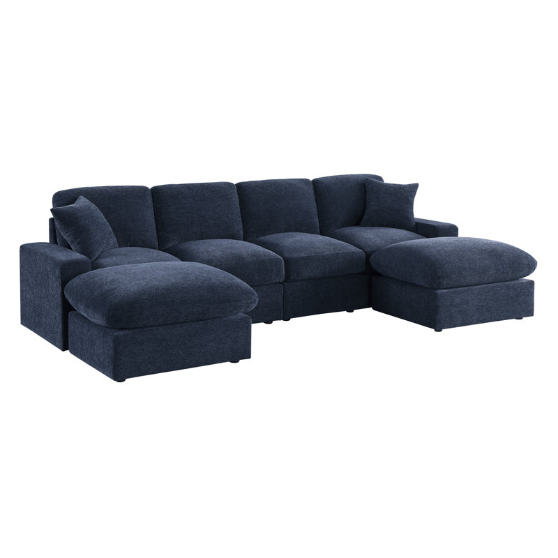 Canapé modulaire avec 2 repose-pieds Tolzmann, Chenille bleu foncé