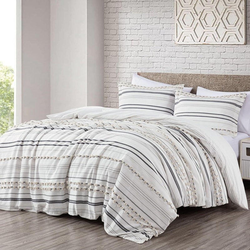 Maru Clip Jacquard Striped Cotton Duvet Cover Set, King Duvet Cover + 2 King Shams