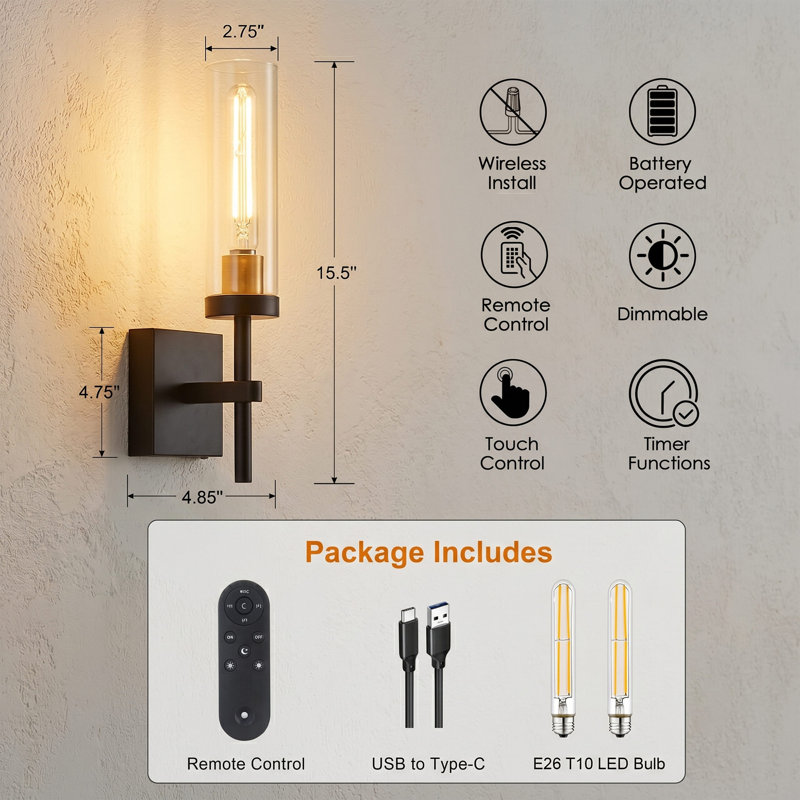 Wireless Wall Sconces with Remote Control, Battery Operated Wall Sconce Set of 2, Black & Gold Rechargeable Dimmable Wall Light for Bedroom Living Room Bathroom