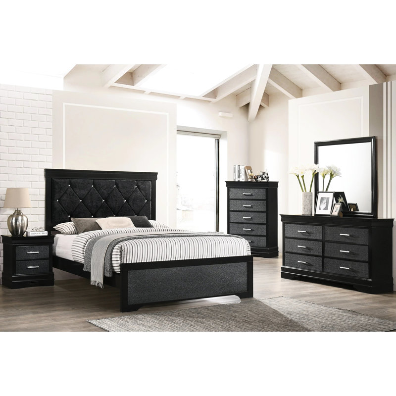 Twin Size Panel Bed With Black Upholstered Headboard And Stylish Appeal - Modern Bedroom Buttons