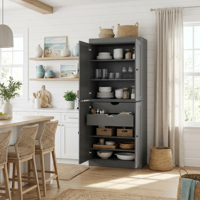 Garde-manger ou armoire de rangement 72 po à quatre portes et deux tiroirs gris en bois massif