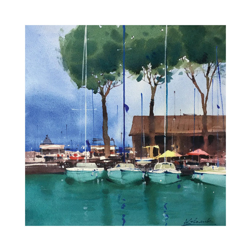 Yachts At The Pier In Italy. Garda Lake by Andrii Kovalyk - Gallery-Wrapped Canvas Giclée on Canvas, 45.72 cm H x 45.72 cm W