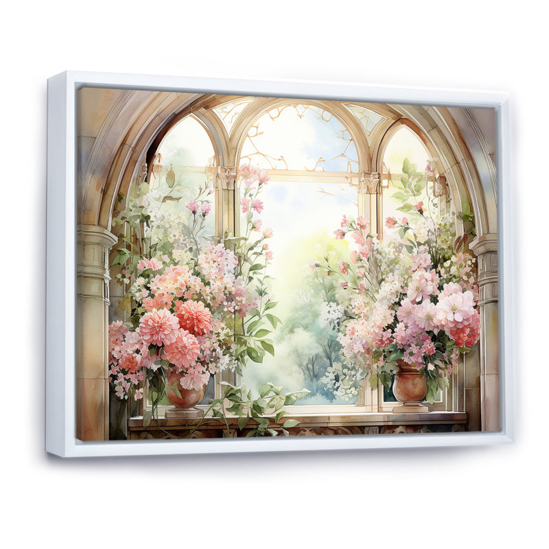 «Pink Blossoming Country Window Gaze V», reproduction d'art sur toile, Cadre flottant blanc, H 34 po x l 44 po x P 1,5 po