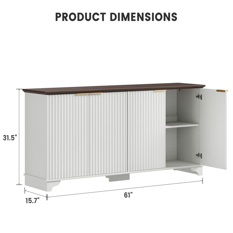 61" Large Buffet Sideboard Cabinet with 4 Fluted Doors – Modern MDF + PB Wood Storage Cabinet with Adjustable Shelves, Wave Pattern Accent for Kitchen, Living Room, Coffee Bar