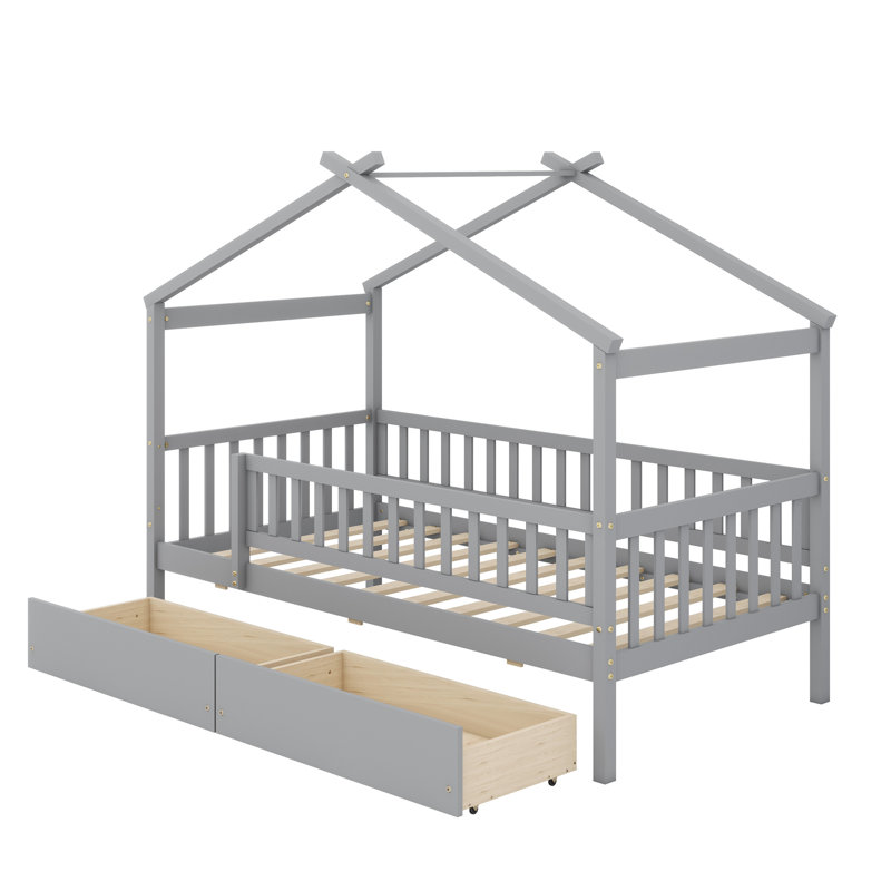 Lit en bois avec deux tiroirs, Gris