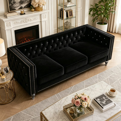 Modern three-seater sofa, a velvet sofa with a touch of luxury, featuring crystal buttons and silver studs, comfortable foam cushions, a solid wood fr