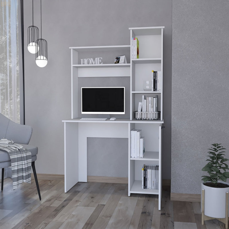 Bureau d'ordinateur à 3 tablettes de rangement, Blanc