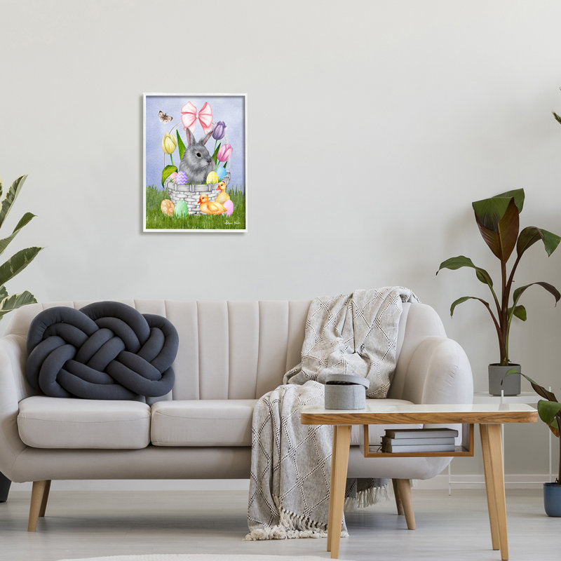 Panier de lapin pastel, Giclée encadrée blanc bord de mer, H 16 po x l 20 po