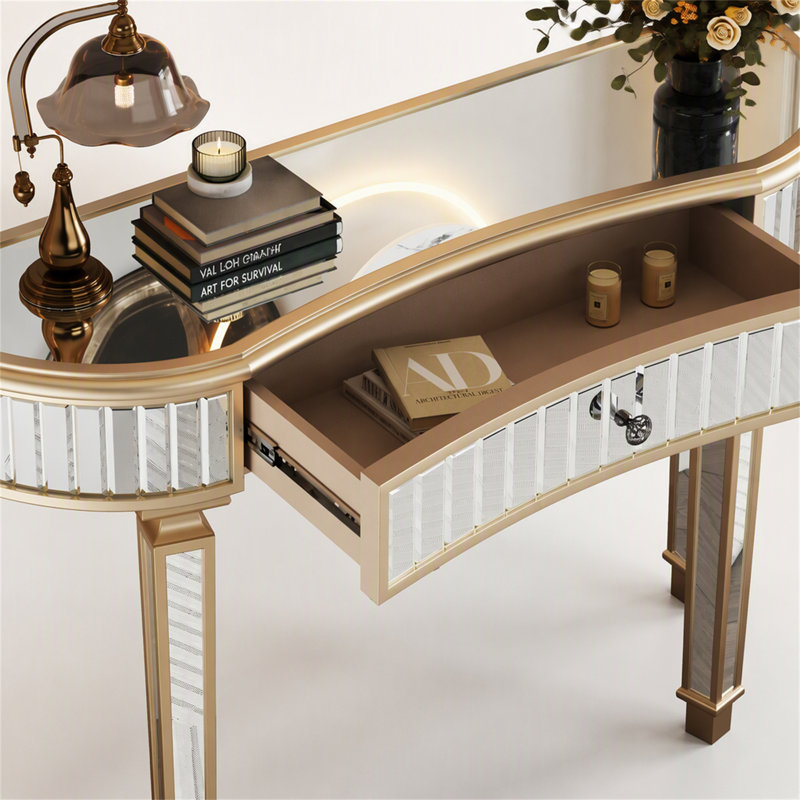 Console 47 po avec miroir demi-lune en verre cannelé et tiroir en cristal, Argent / doré, argent, Or / argent