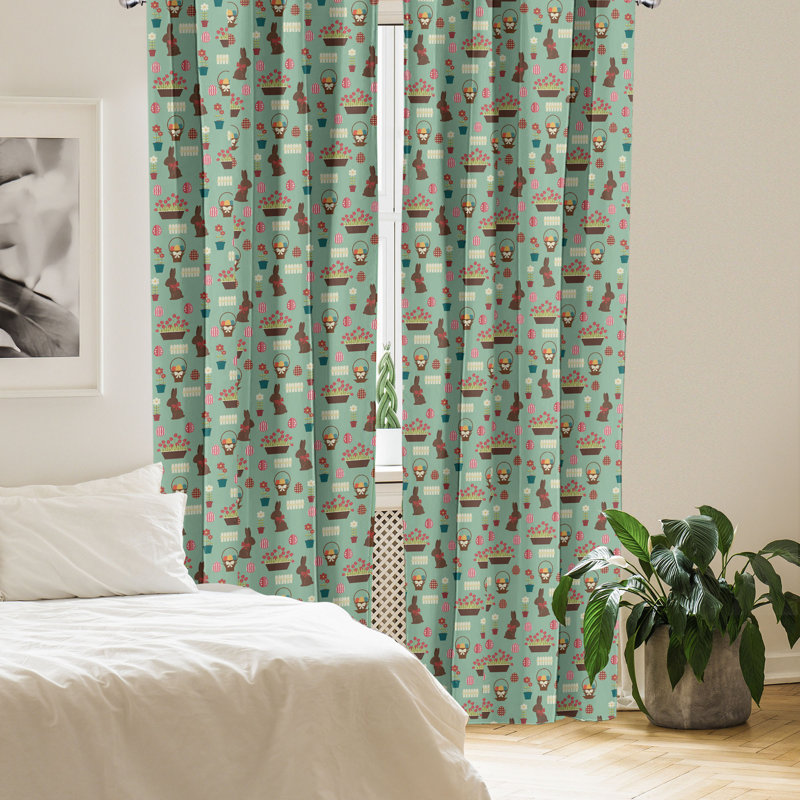 The Holiday Aisle® Easter 4-Panel Curtains, Chocolate Bunny Eggs Tulips, 56" W x 63" L