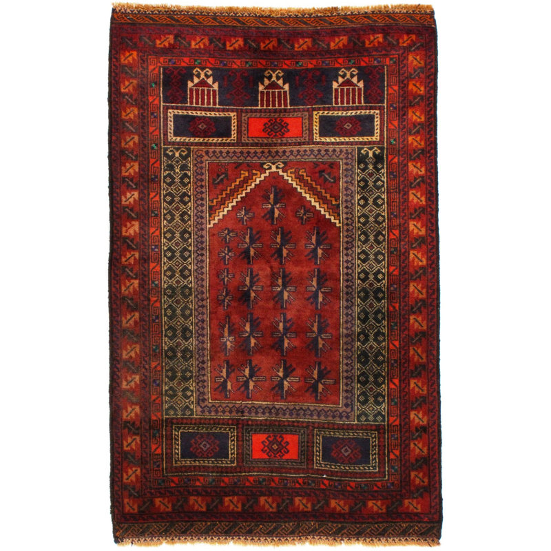 Tapis rouge / brun en laine fabriqué à la main 2 pi 9 po x 4 pi 5 po Lowayne