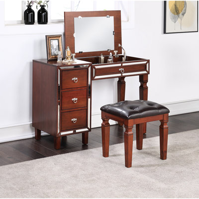 Meuble-lavabo de chambre à coucher traditionnel avec tabouret - teinte cerise, rangement abondant, siège, placage de peuplier, bois d'hévéa, plusieurs options de rangement,
