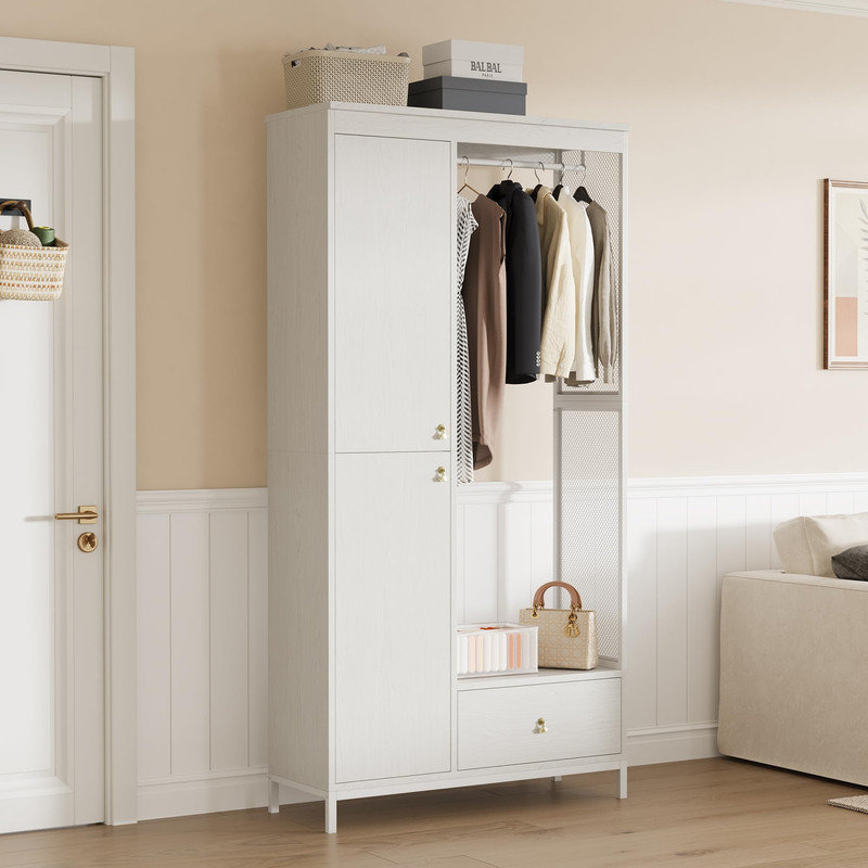 Armoire-penderie moderne - portes doubles, tringle, tiroir et tablettes réglables, White
