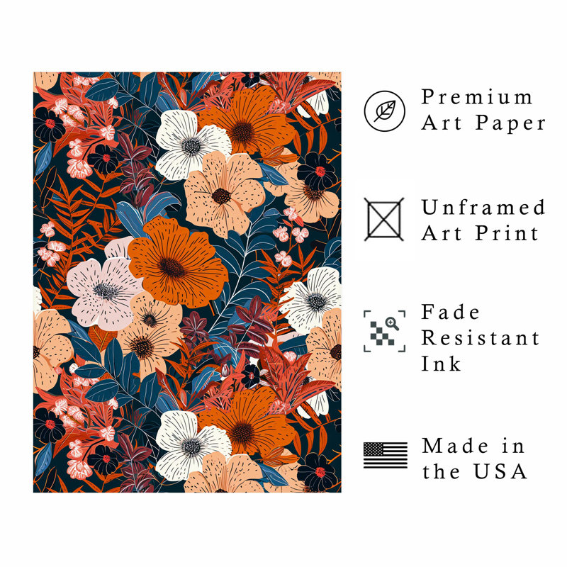 Impression florale rétro sans cadre, H 36 po x l 24 po