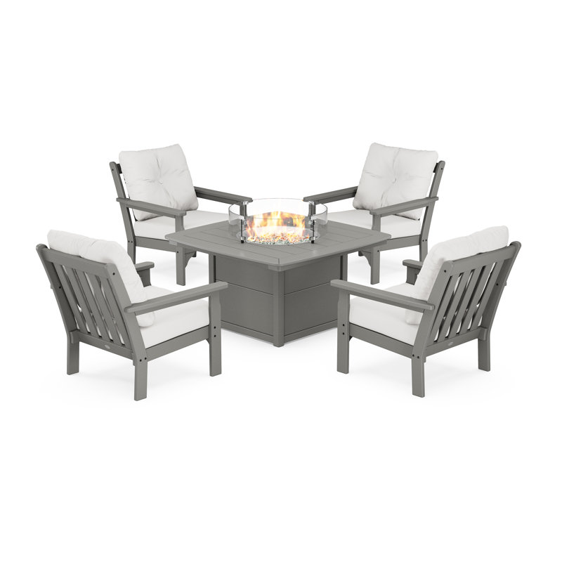Vineyard 5-Piece Conversation Set with Fire Pit Table, Slate Gray Frame/Natural Linen Cushion