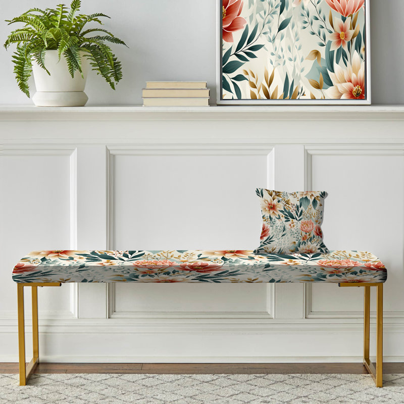Floral Upholstered Gold Bench, Enchanted Lotus Gardens Botanical