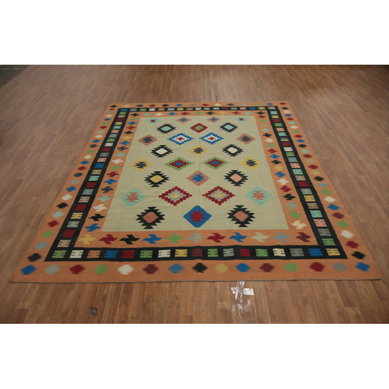 Tapis kilim géométrique fabriqué à la main 9 x 11 pour la décoration intérieure