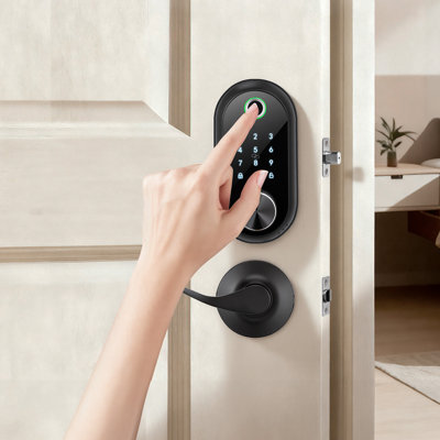 Fingerprint Door Lock Set, Electronic Biometric Deadbolt Keyless Entry Door Lock with Handle, Touchscreen, Auto Locking, One-Time Code, Anti-Peeking Password, IC Cards, Matte Black, Designed for Home