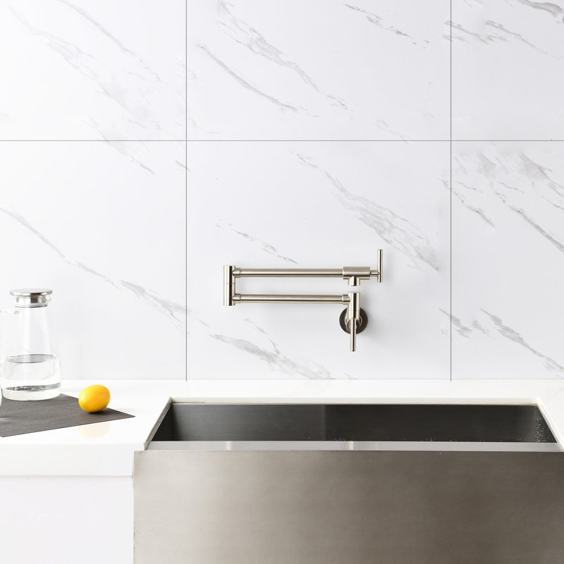 Brushed Nickel Wall Mount Folding Pot Filler Faucet - Convenient Filling With Arm, Double Handles For Stable Water Supply, Corrosion And Fingerprint- In Precise Management, To Corrosion Fingerprints,